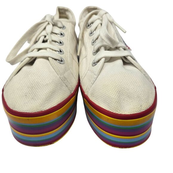 Superga Womens White Canvas Sneakers With Rainbow Platform Sole - Picture 2 of 7